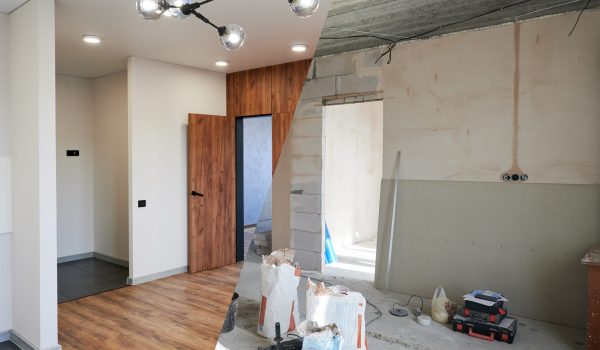 Comparison of old room with building tools and new renovated room. Photo collage of apartment before and after restoration. Concept of home renovation.